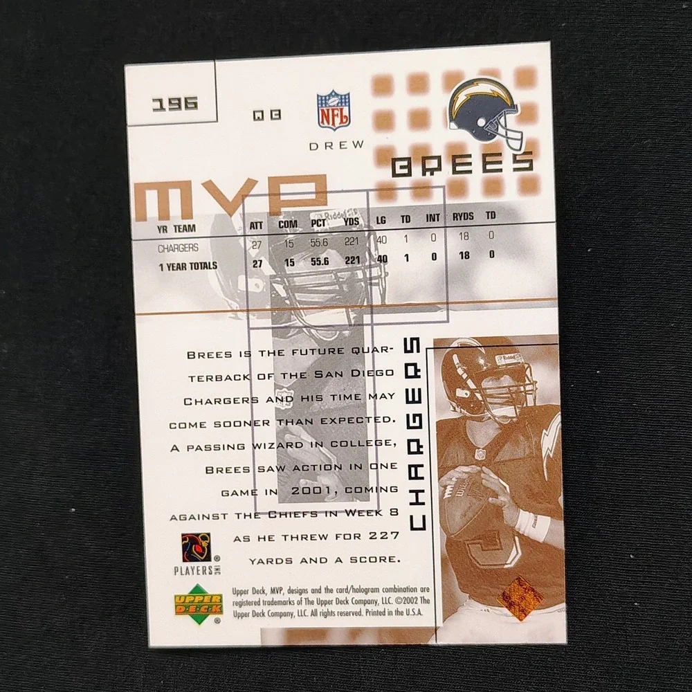 2002 Upper Deck MVP‎ Drew Brees 2nd Year San Diego Chargers #196